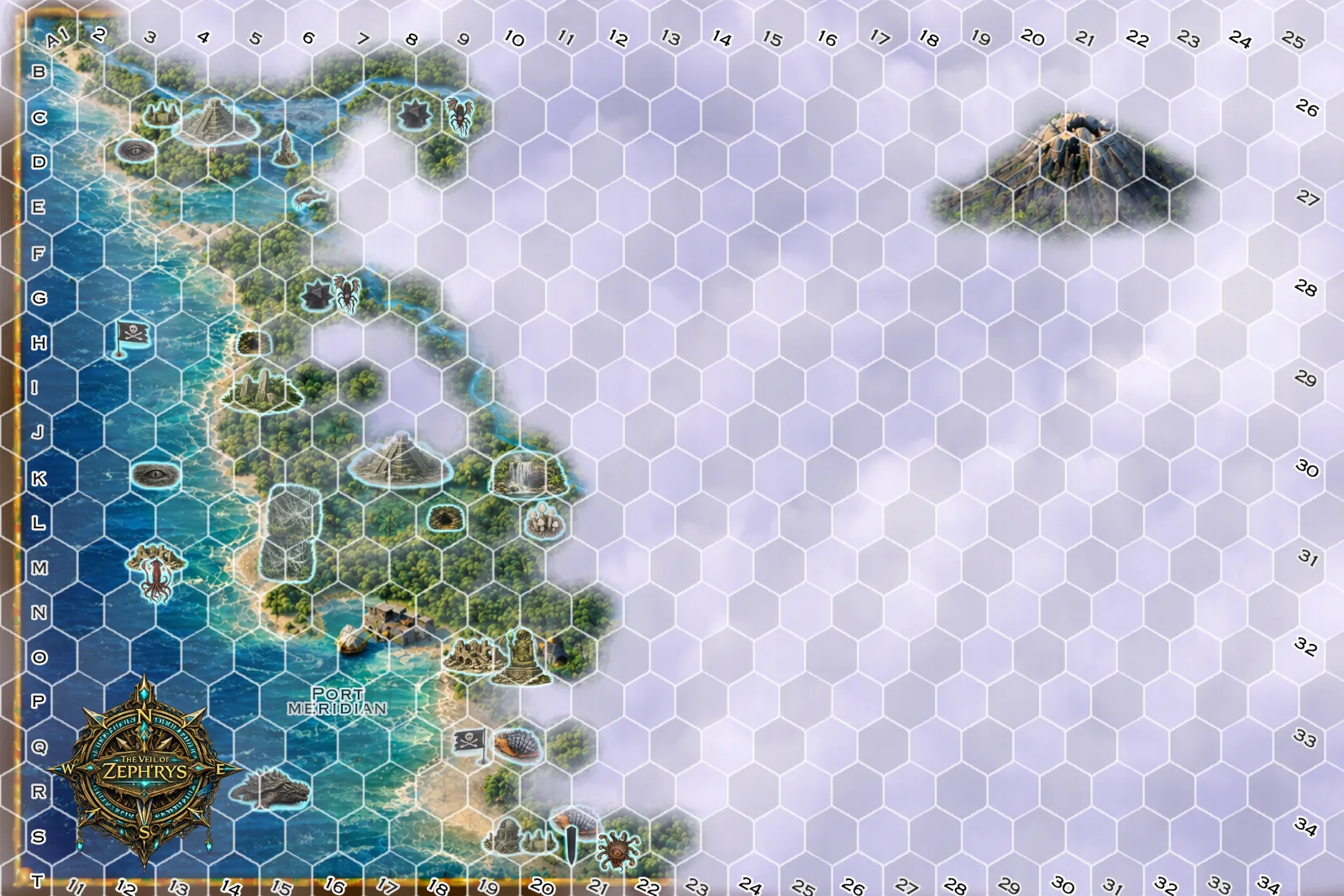 The Phase 8 exploration map of the Veil of Zeph'rys, a hex grid with Port Meridian at N14 and N15