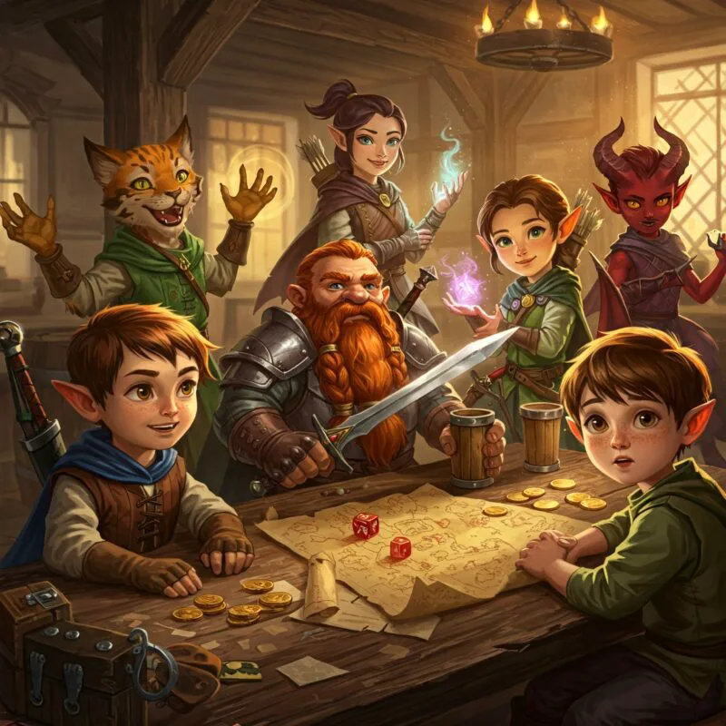 A family gathered around a D&D table