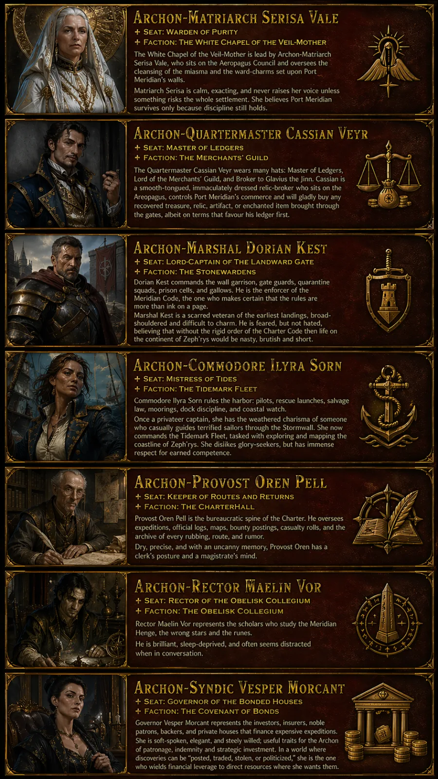 The seven Archons of the Areopagus Council and the factions of Port Meridian